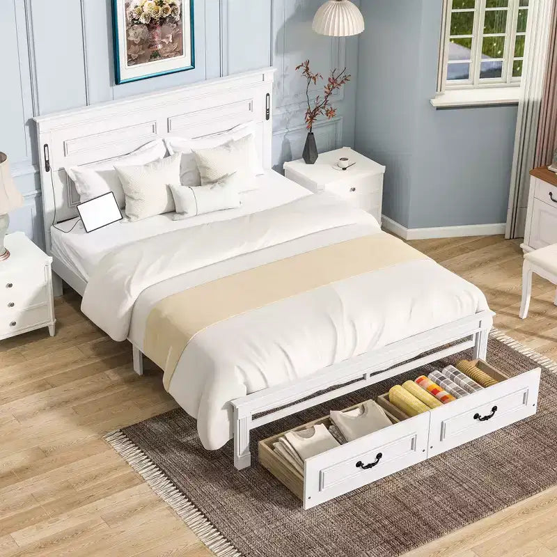 ModernLuxe platformbed voor eenpersoons- of tweepersoonsformaat met hoog hoofdbord, rustiek houten bedframe met 2 laden, ledverlichting en USB-poorten