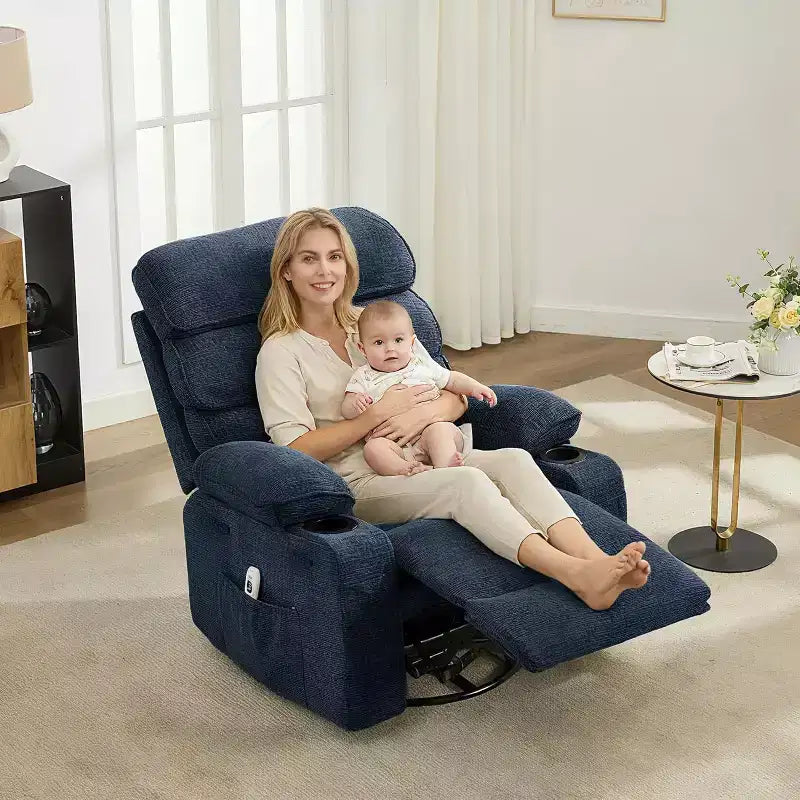 Massagesessel mit Wippfunktion und Wärme, um 360° drehbarer Gleitsessel für Erwachsene, Leinen-Sessel für das Kinderzimmer mit Seitentasche und zwei Getränkehaltern