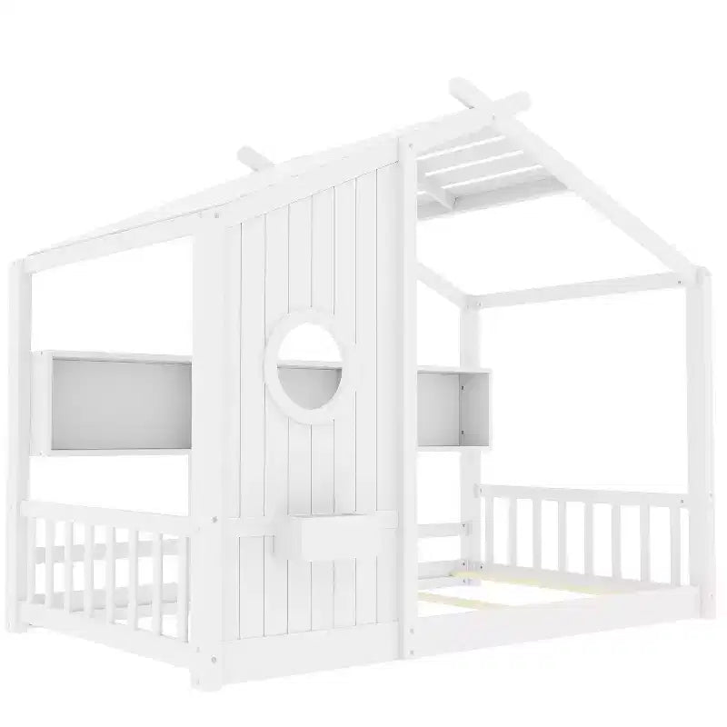 Twin/Full Size House Platform Bed Frame Toddler Floor Bed Kids Montessori Bed Playhouse Bed with Storage Shelf - ModernLuxe