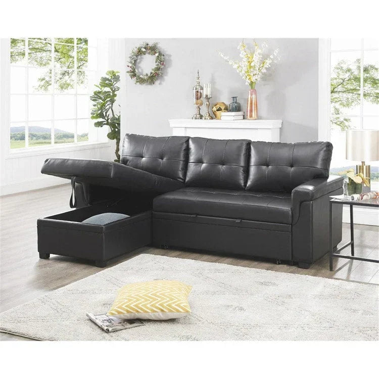 Divano componibile reversibile trasformabile con letto estraibile, chaise longue con contenitore nascosto e gambe resistenti