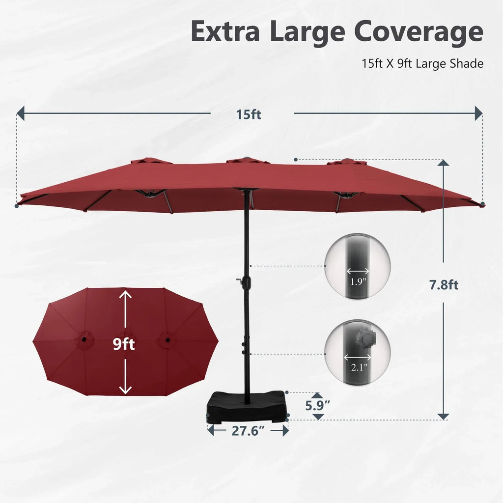 MAISON ARTS dubbele parasol voor terras, 15 ft, extra groot, tweepersoons, inclusief voet