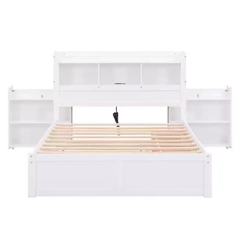 Eenpersoons platformbed met opbergruimte, uitschuifbed, boekenkasthoofdbord en oplaadstation, houten bedframe met planken en laden