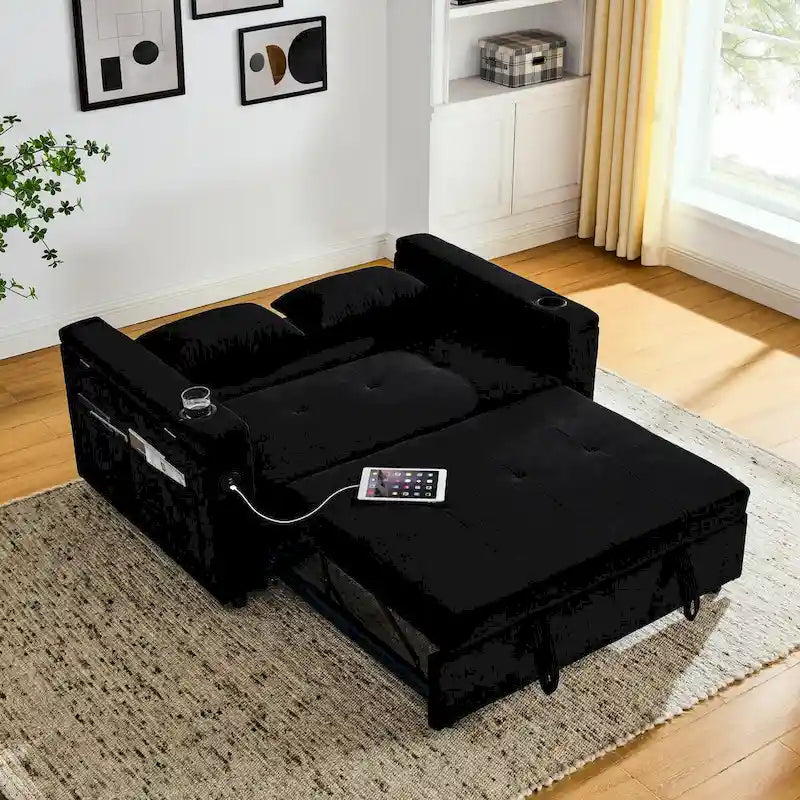 Sofa rozkładana 54, 2-osobowa sofa z funkcją spania i rozkładanymi fotelami, schowkiem, poduszką lędźwiową i gniazdem USB
