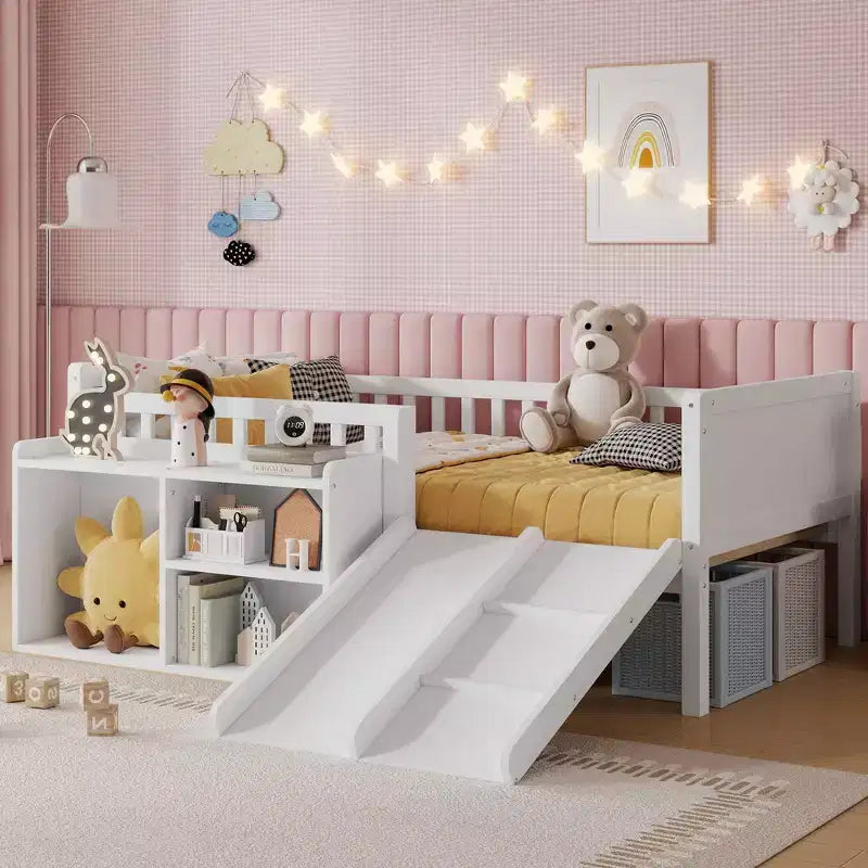 Whisen Twin Size Low Loft Bed Frame for Kids with Slide, Movable Bookshelf Storage, Guardrails, Low Loft Bed Frame