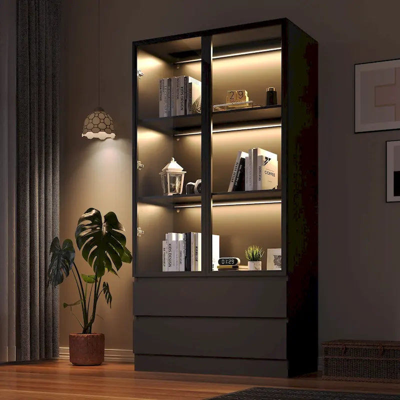 Vitrine de rangement, vitrine avec portes en verre trempé, présentoir avec 4 étagères de rangement