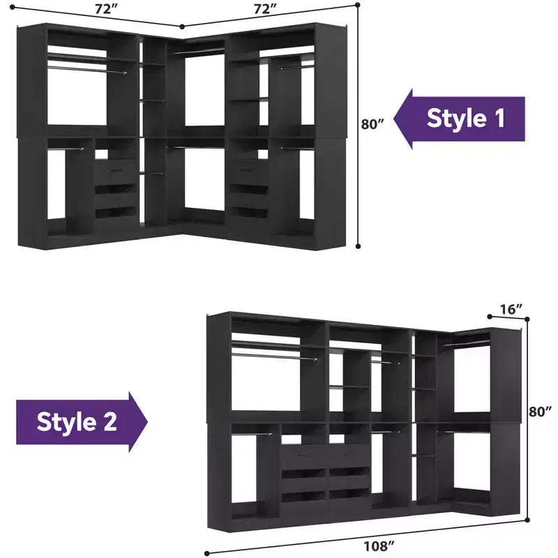 Besiost Set of 3 Corner Closet System with Tower Shelves and Drawers, Freestanding Closet Organizer with Hanging Rods