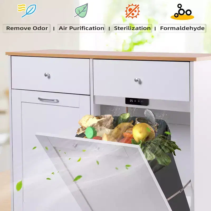Mobiletto EROMMY per rifiuti con doppio ribaltamento e 2 cassetti, mobiletto per rifiuti con contenitore su ruote, bianco