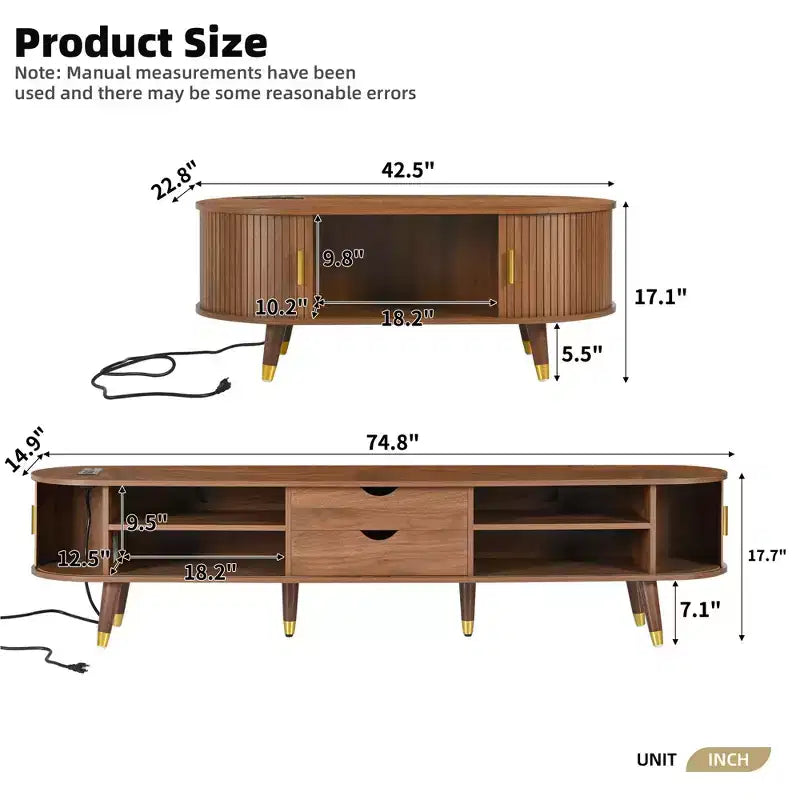 CLIHOME TV-Schrank und Couchtisch-Set aus Holz im Landhausstil mit Ladestation, ovale geriffelte Medienkonsole für Fernseher bis zu 80