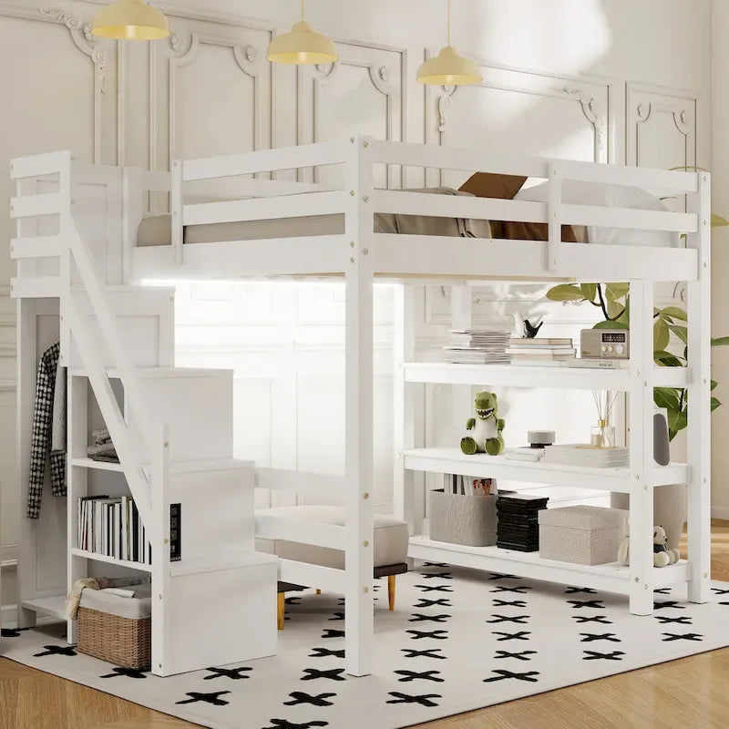 Hoch-/Etagenbett in Full-/Twin-Größe mit Stauraumtreppe – Regale, Kleiderschrank und LED-Beleuchtung, platzsparendes Design