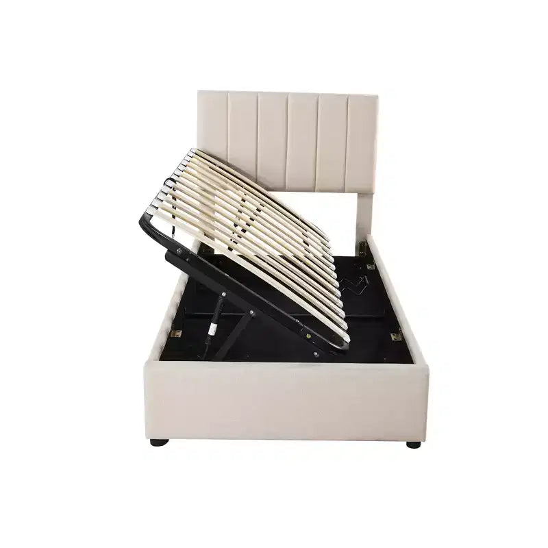 Bellemave eenpersoonsbed met opklapbare opbergruimte, gestoffeerd platformbed met hydraulisch opslagsysteem, hoofdbord met verticale strepen, beige