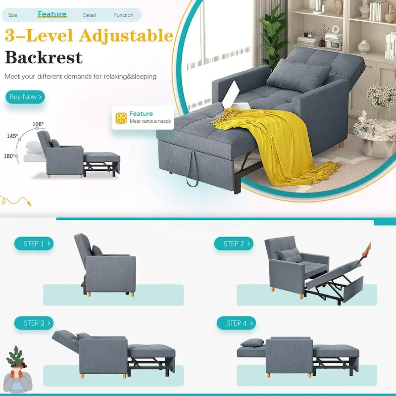 Sillón sofá cama 3 en 1 AECOJOY con almohada y respaldo convertible