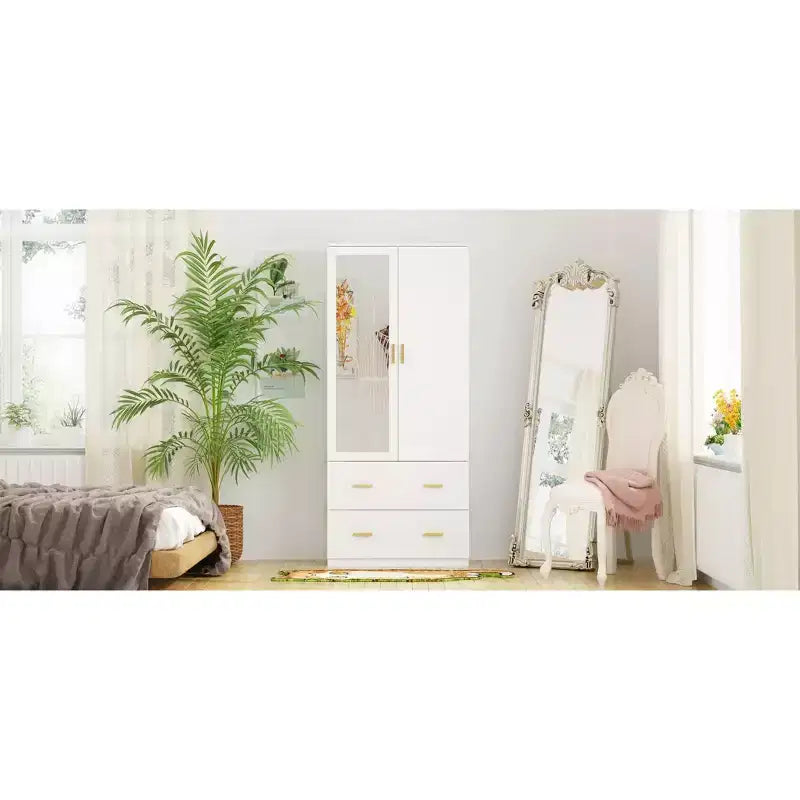 Armoire Hitow à portes miroirs avec deux tiroirs et rangement compartimenté