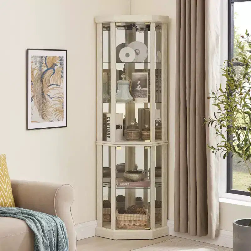 Hoekvitrinekast met glazen deuren en planken, hoekvitrine voor woonkamer