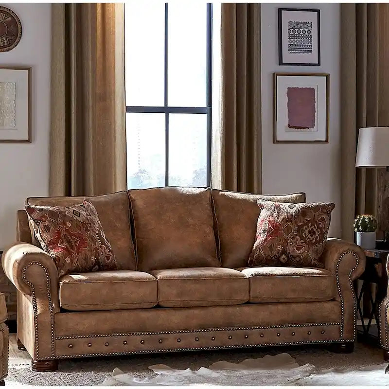 Rustikales Rancho-Schlafsofa mit braunem Wildlederstoffbezug – 37 x 86 x 40