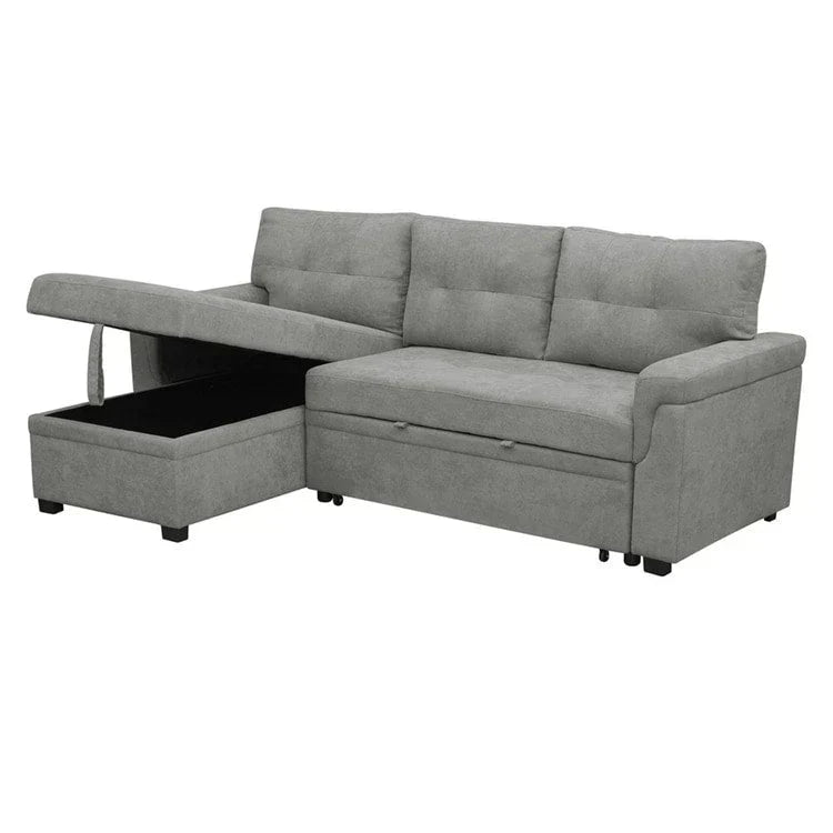 Divano componibile reversibile trasformabile con letto estraibile, chaise longue con contenitore nascosto e gambe resistenti