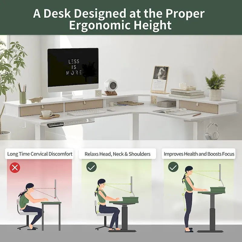 L-Shaped Electric Standing Desk with 3 Drawers & Lockable Casters, 63