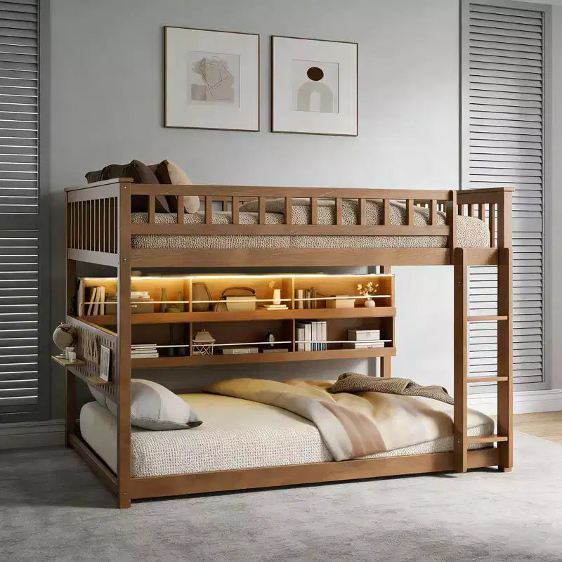 Luxystar Full Over Full Modern Low Bunk Bed With Storage Lighted Shelves And Pegboard