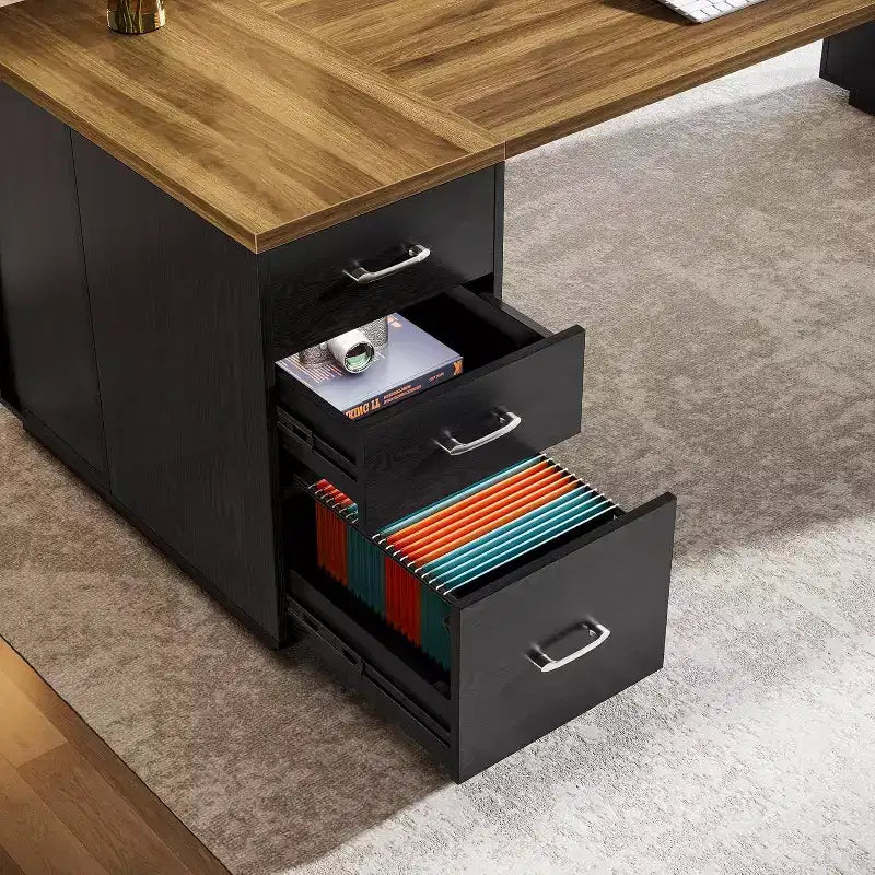 Lantine 85.8 L-Shaped Executive Desk, Extra Large Office Computer Desk with File Drawers for Home Office