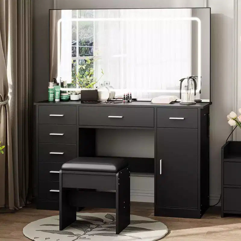 Modern Vanity Desk with Large Mirror, 7 Drawers, LED Lights, Chair, 3 Light Modes, Hair Dryer Holder and Charging Station for Bedroom