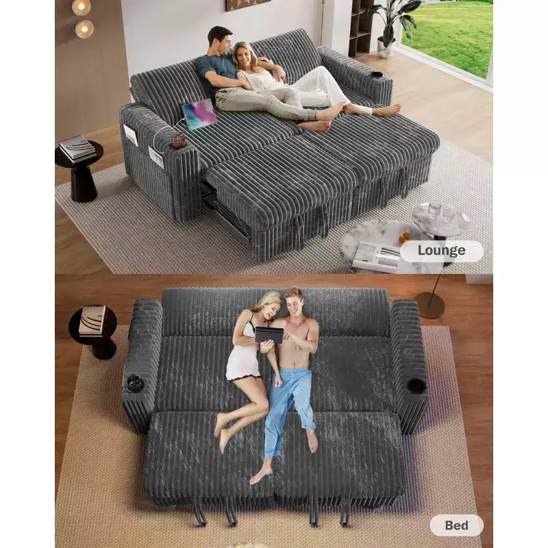 Dyonery 91-delige slaapbank met chaise longue en uitschuifbaar bed, verstelbare rugleuning/twee uitschuifbare bedden/USB-poorten/bekerhouders, zacht corduroy