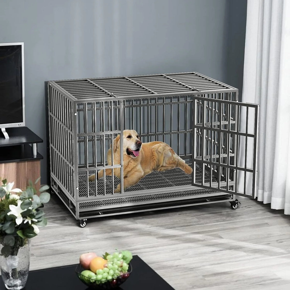 Cage pour chien BOSSIN robuste et indestructible de 48/38 po, chenil anti-fugue avec roulettes verrouillables