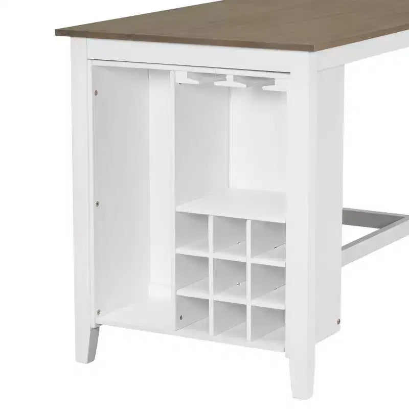 Ensemble de salle à manger de style maison de campagne 5 pièces, hauteur comptoir, avec chaises pour 4 personnes, table rectangulaire en bois avec étagères de rangement et compartiment pour bouteilles de vin