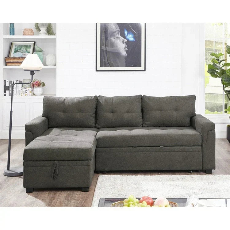 Divano componibile reversibile trasformabile con letto estraibile, chaise longue con contenitore nascosto e gambe resistenti
