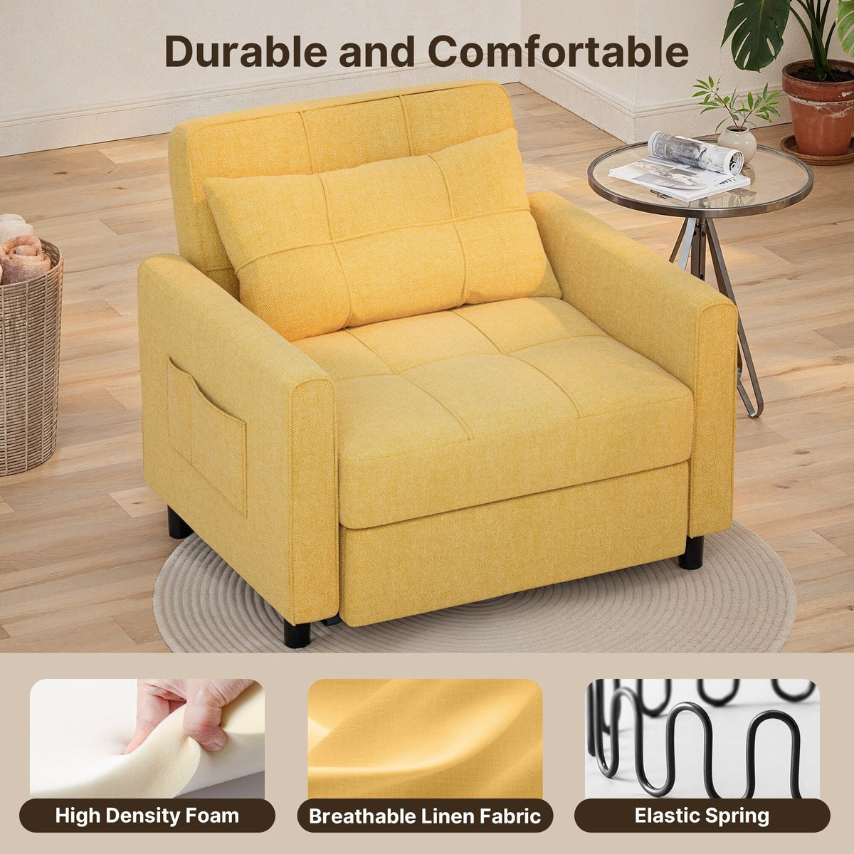 3-in-1-Schlafsofa mit verstellbarer Rückenlehne, ausziehbarer Sessel, umwandelbares Klappbett fürs Wohnzimmer