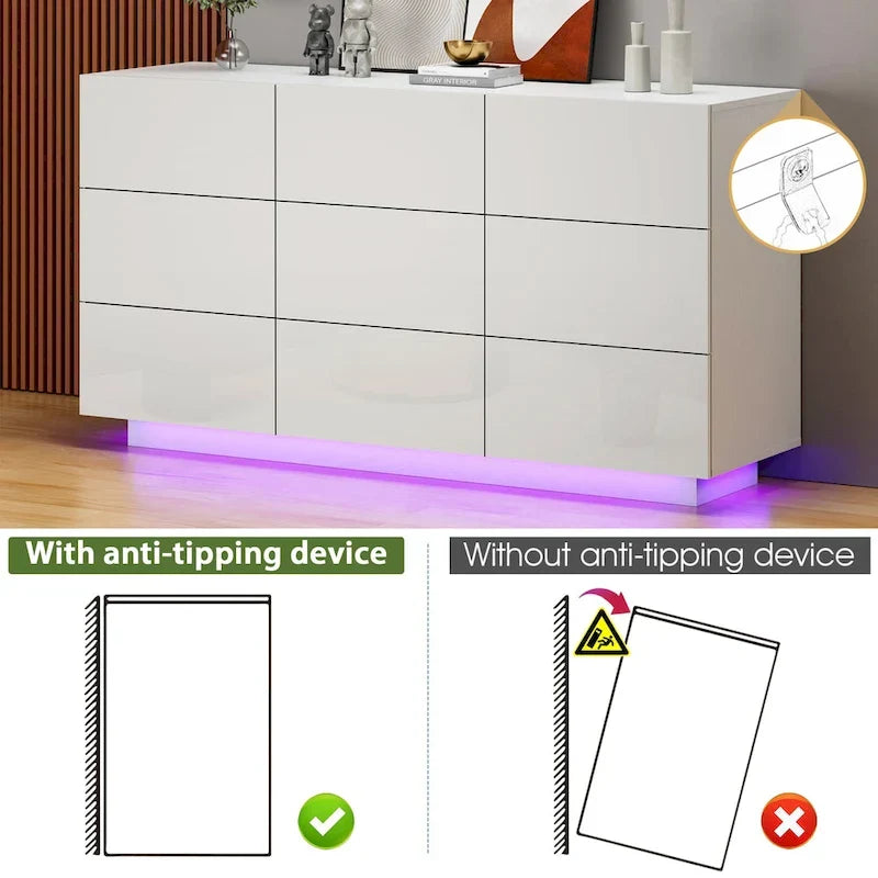 Meuble de rangement et commode à 9 tiroirs, armoire colonne organisatrice pour chambre avec éclairage