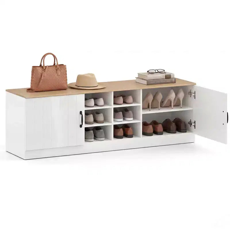 2-Door Shoe Bench wirh Adjustable Shelves Hidden Storage Space Natural + White/Whi5te
