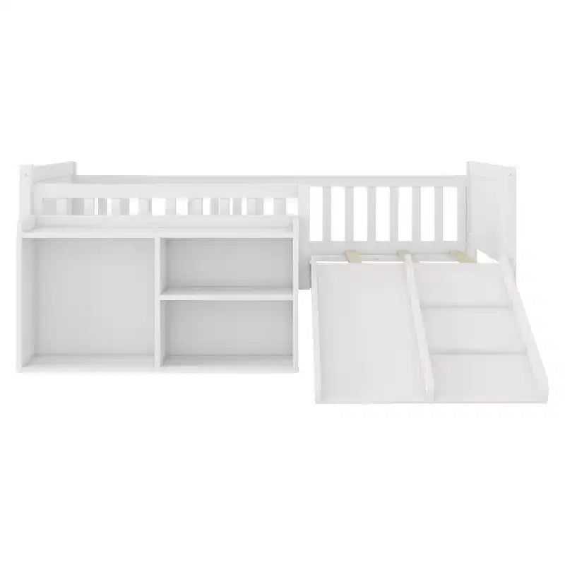 Whisen Twin Size Low Loft Bed Frame for Kids with Slide, Movable Bookshelf Storage, Guardrails, Low Loft Bed Frame