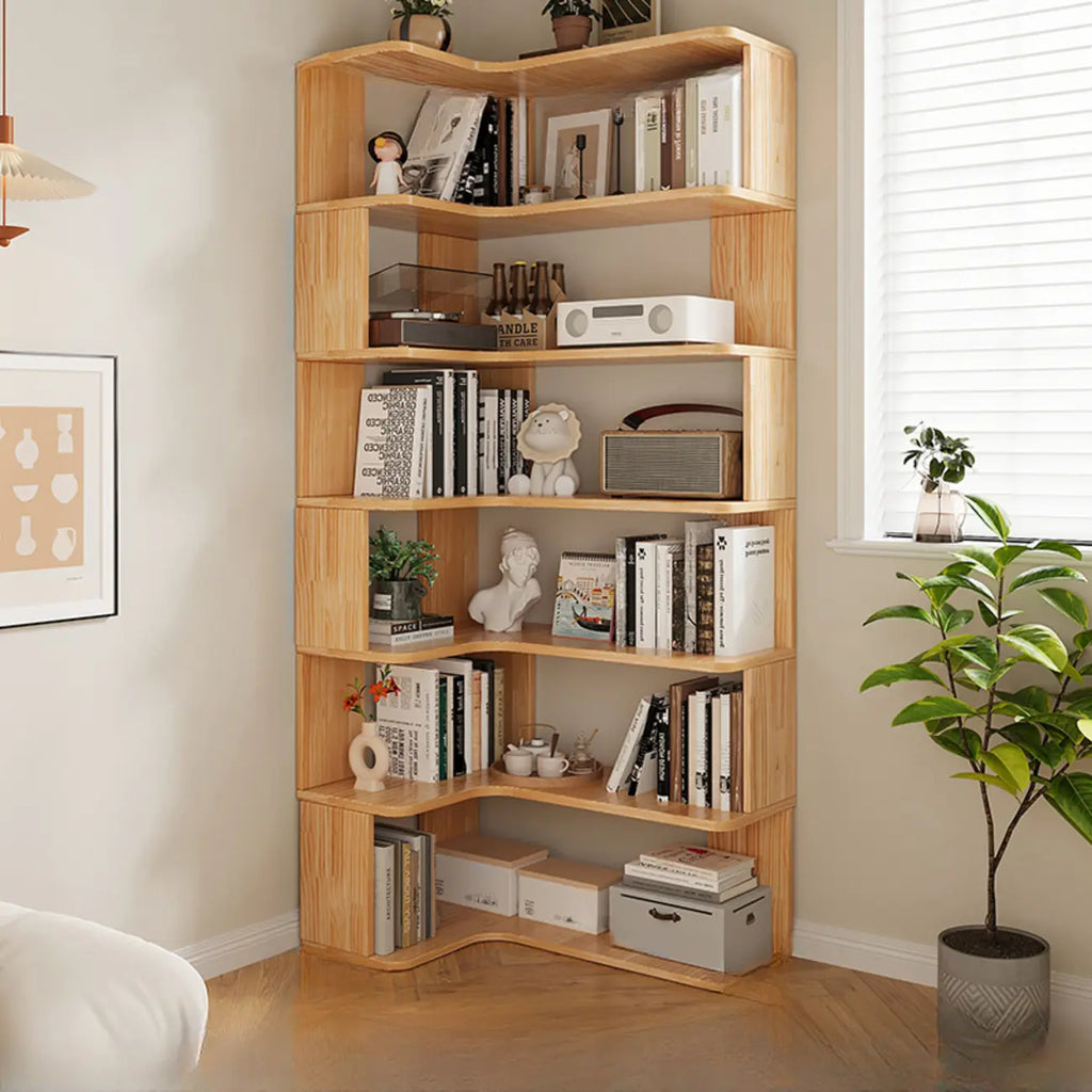 Bibliothèque verticale en bois en forme de L, finition naturelle, dos ouvert