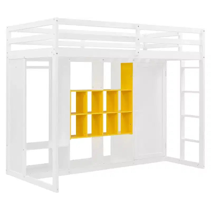 Letto a soppalco per bambini con armadio e mensole, struttura letto a soppalco in legno con mobile contenitore per bambini e ragazzi