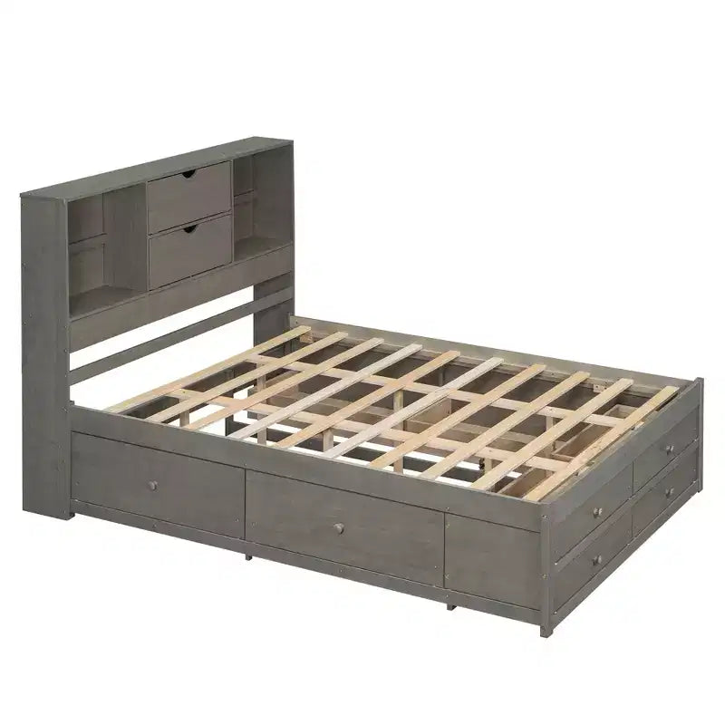 Queen Size Platform Bed with Storage Shelf and 8 Drawers, Easy Assembly