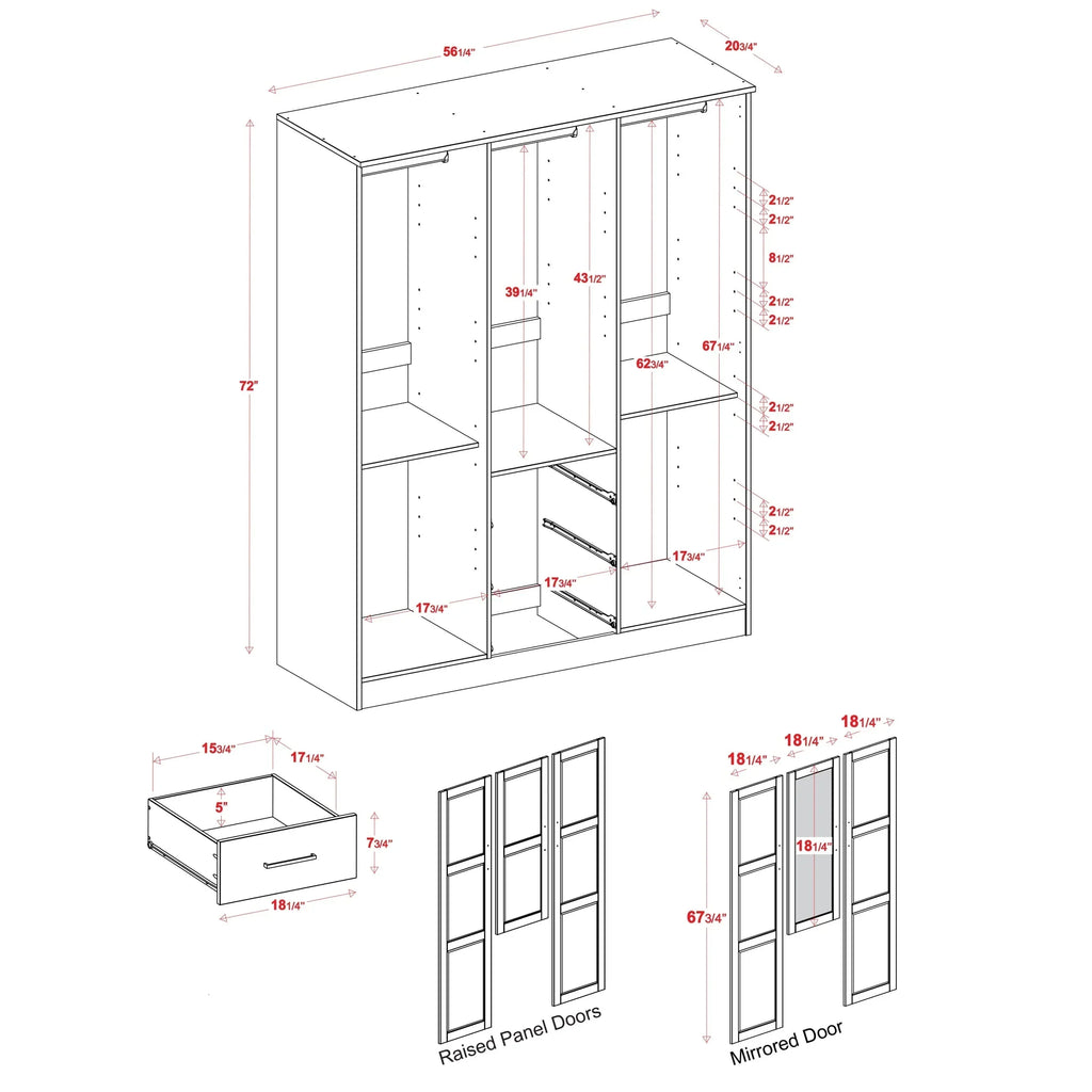 Palace Imports Cosmo 3-türiger Kleiderschrank aus 100 % Massivholz mit Türen aus Massivholz oder Spiegelglas