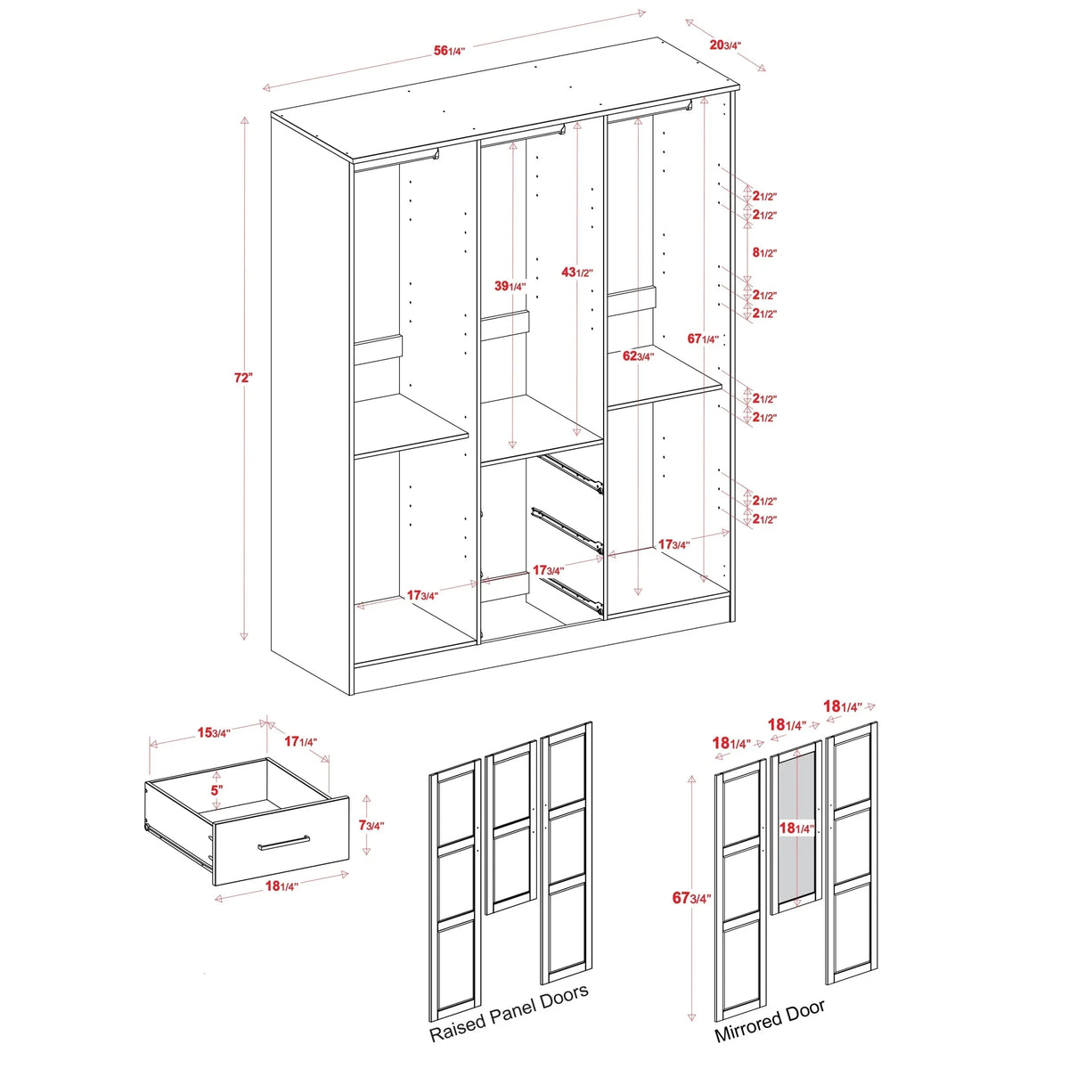 Palace Imports Cosmo 3-türiger Kleiderschrank aus 100 % Massivholz mit Türen aus Massivholz oder Spiegelglas