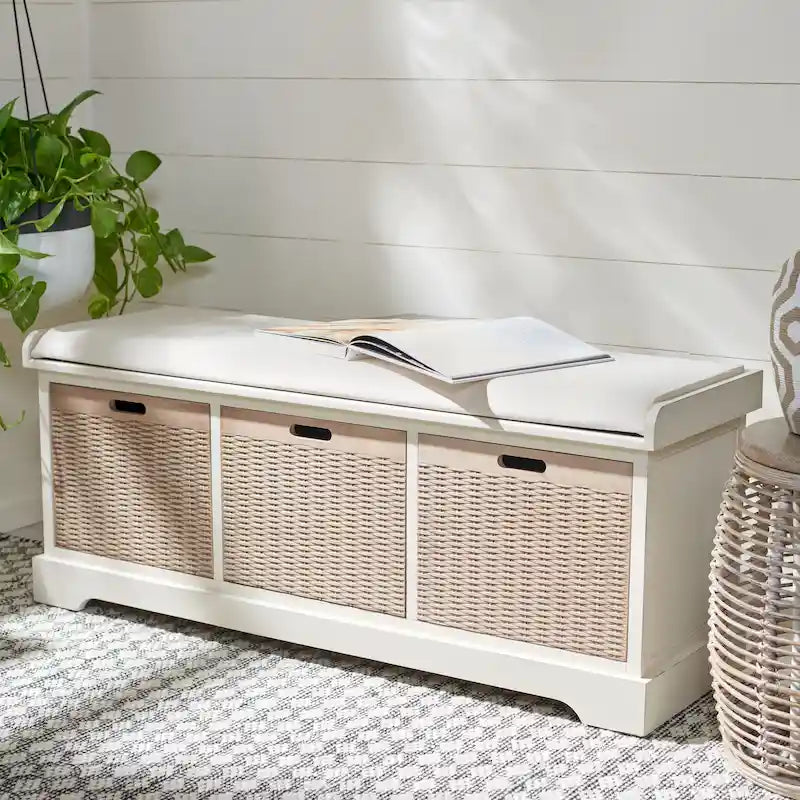Banc de rangement SAFAVIEH Fiorello à 3 tiroirs avec coussin - 47.3 l x 15 L x 19 H - 47l x 15p x 19h