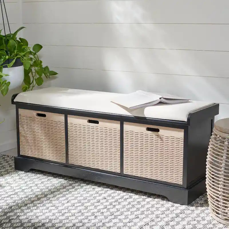 Banc de rangement SAFAVIEH Fiorello à 3 tiroirs avec coussin - 47.3 l x 15 L x 19 H - 47l x 15p x 19h