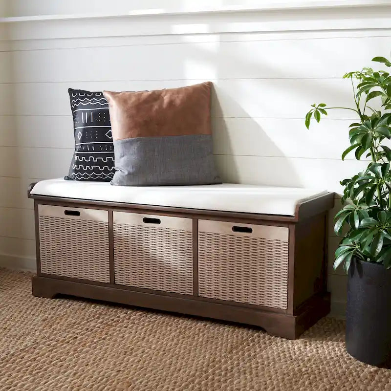 Banc de rangement SAFAVIEH Fiorello à 3 tiroirs avec coussin - 47.3 l x 15 L x 19 H - 47l x 15p x 19h