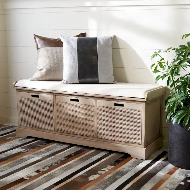 Banc de rangement SAFAVIEH Fiorello à 3 tiroirs avec coussin - 47.3 l x 15 L x 19 H - 47l x 15p x 19h