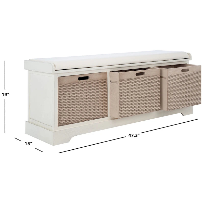 Banc de rangement SAFAVIEH Fiorello à 3 tiroirs avec coussin - 47.3 l x 15 L x 19 H - 47l x 15p x 19h