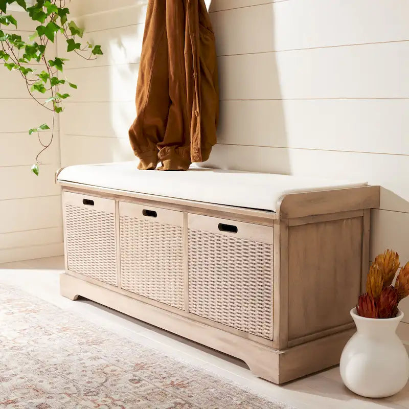 Banc de rangement SAFAVIEH Fiorello à 3 tiroirs avec coussin - 47.3 l x 15 L x 19 H - 47l x 15p x 19h