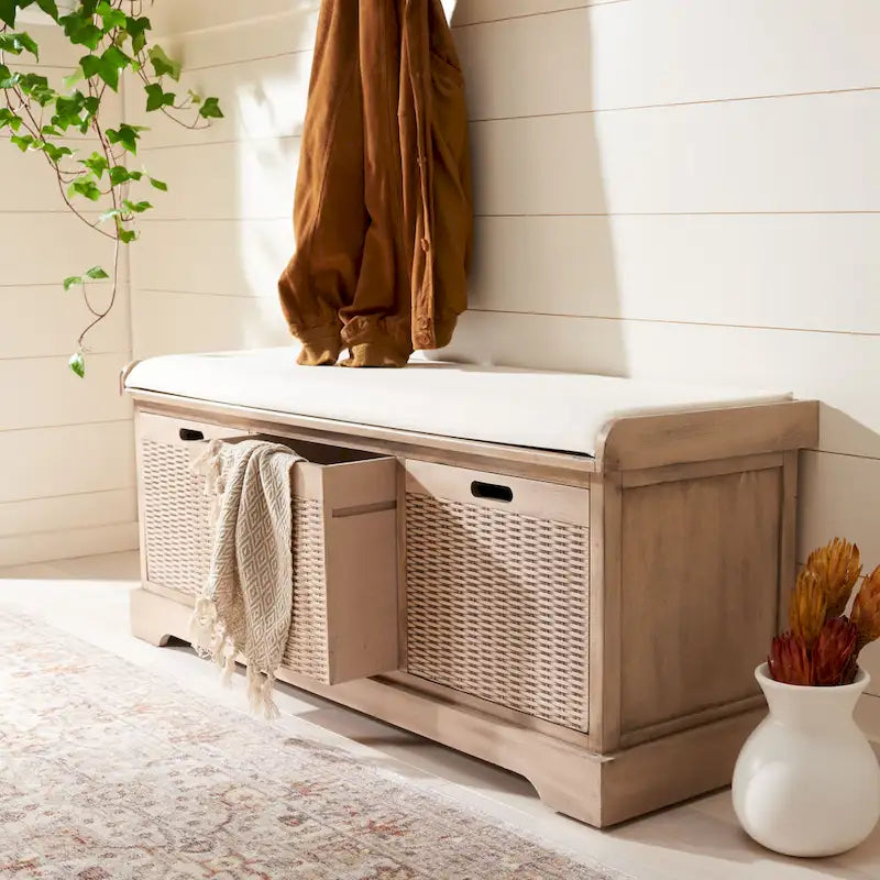 Banc de rangement SAFAVIEH Fiorello à 3 tiroirs avec coussin - 47.3 l x 15 L x 19 H - 47l x 15p x 19h