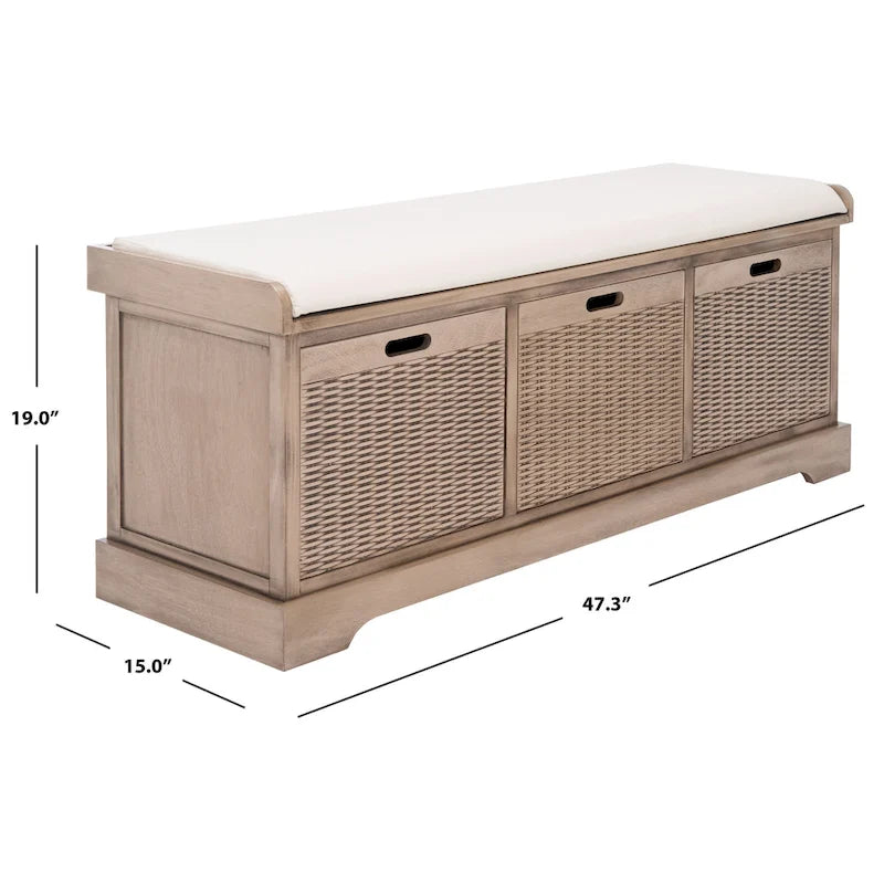 Banc de rangement SAFAVIEH Fiorello à 3 tiroirs avec coussin - 47.3 l x 15 L x 19 H - 47l x 15p x 19h