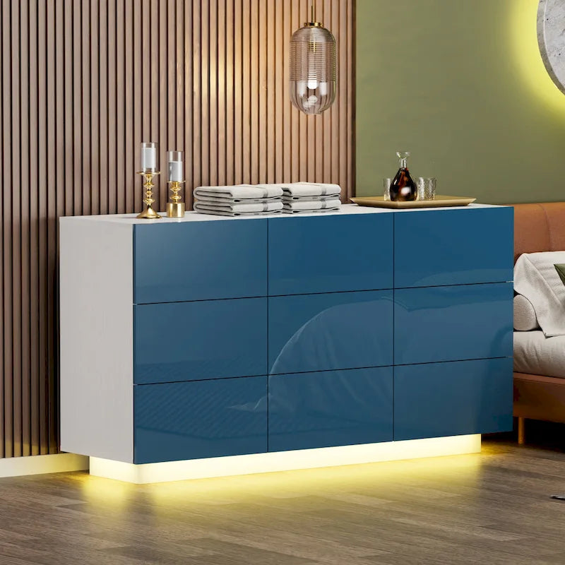 Meuble de rangement et commode à 9 tiroirs, armoire colonne organisatrice pour chambre avec éclairage