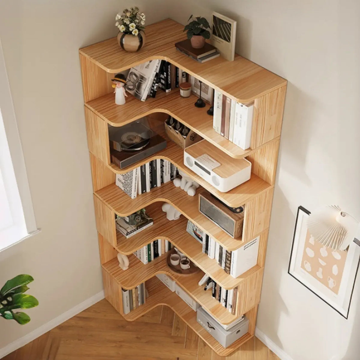 Bibliothèque verticale en bois en forme de L, finition naturelle, dos ouvert