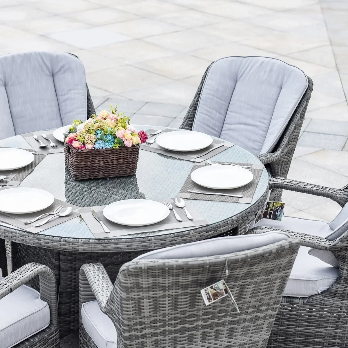 7-elementowy okrągły zestaw jadalniany na taras z rattanu syntetycznego, z poduszkami, Moda Furnishings