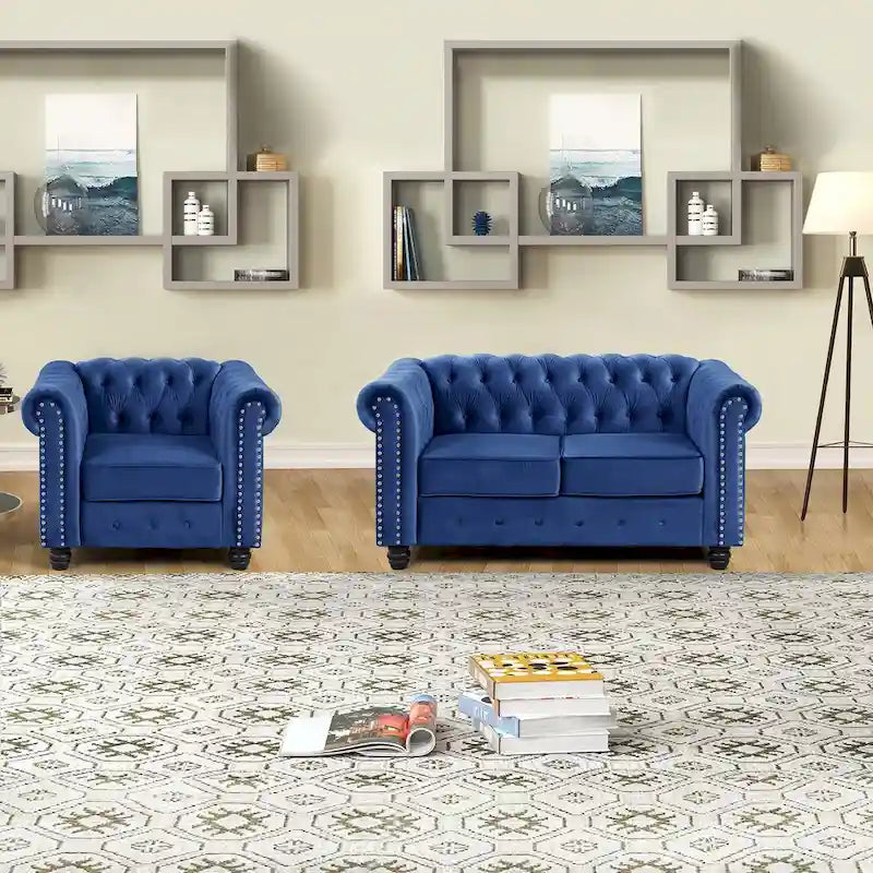 Morden Fort Classic Tufted Velvet Upholstered Chesterfield Club Chair Loveseat 2 Pieces with Nailhead for Living Room