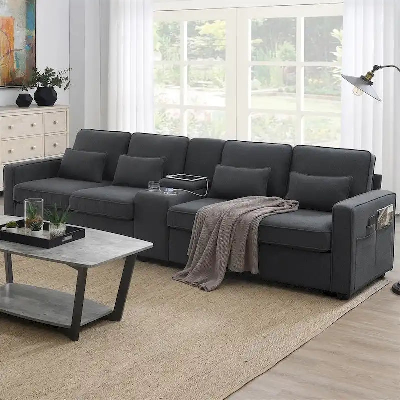 Merax 114.2 Upholstered Sofa with Console, 2 Cupholders and 2 USB Ports Wired or Wirelessly Charged