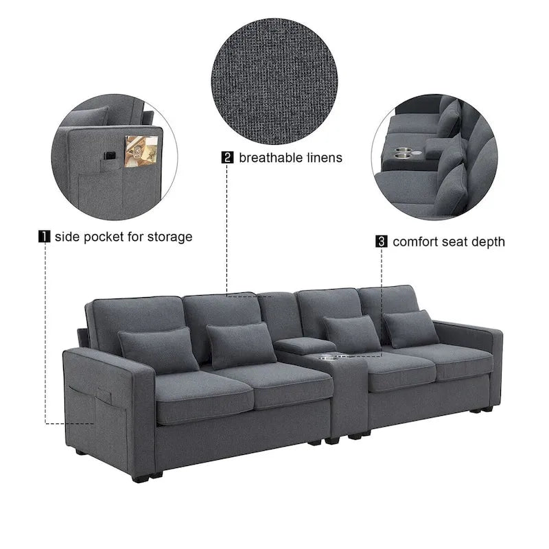 Canapé revêtu Merax 114.2 avec console, 2 porte-gobelets et 2 ports USB, avec chargement filaire ou sans fil
